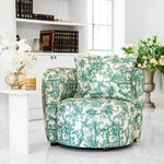 

"Green Twall armchair featuring a stunning green and white tropical french toile print. This -style chair boasts a rounded silhouette, plush cushioning, and matching accent pillows, offering a perfect blend of comfort and sophistication for modern interiors."